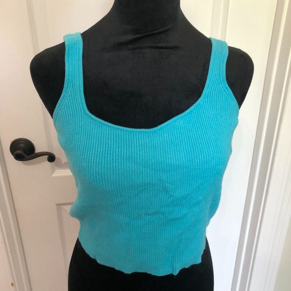Sofia Richie x Bar III Womens Ribbed Knit Crop Tank Top Teal Blue Size Large NWT